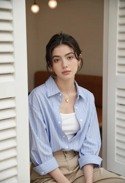 Young woman with dark hair seated in doorway between white louvered shutters
