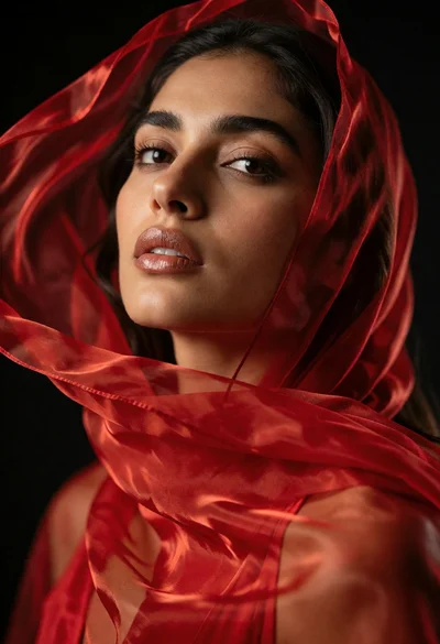 Close up portrait of woman with dark hair veiled in flowing red