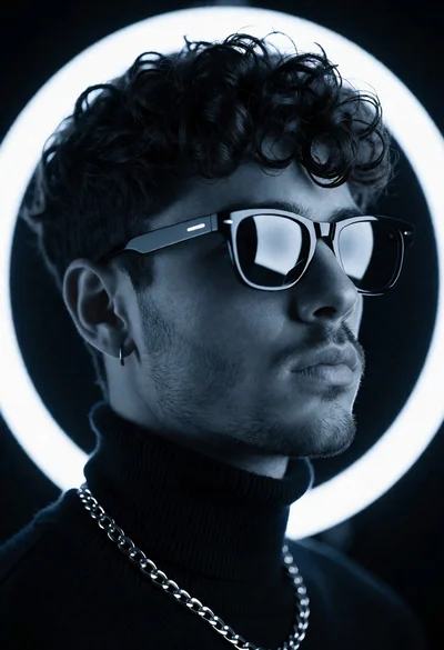 Close up portrait of young man in black turtleneck against neon ring