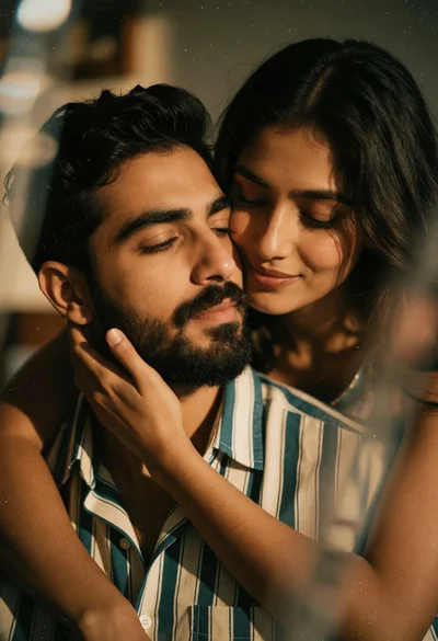 Intimate close up portrait of couple sharing moment in warm indoor light