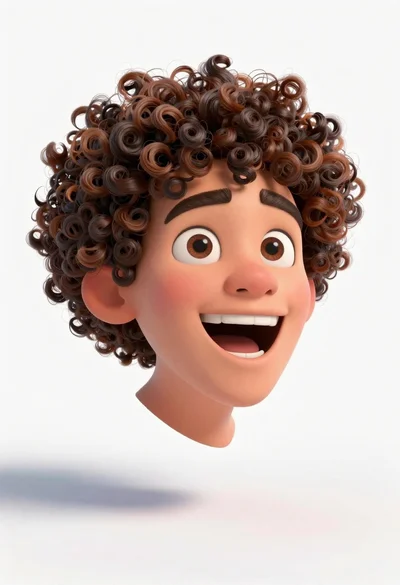 Floating 3d animated head of young man with curly brown hair