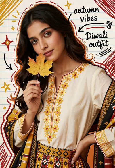 Illustration of young woman in traditional attire holding maple leaf on notebook