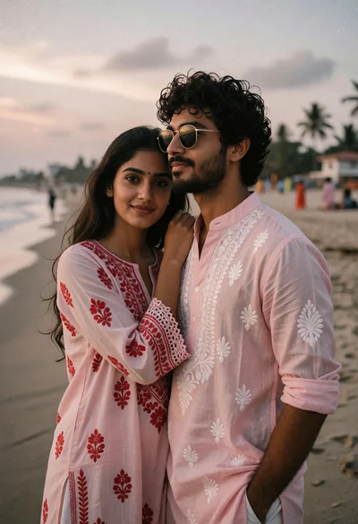 Romantic portrait of couple on sandy beach at dusk with soft lighting
