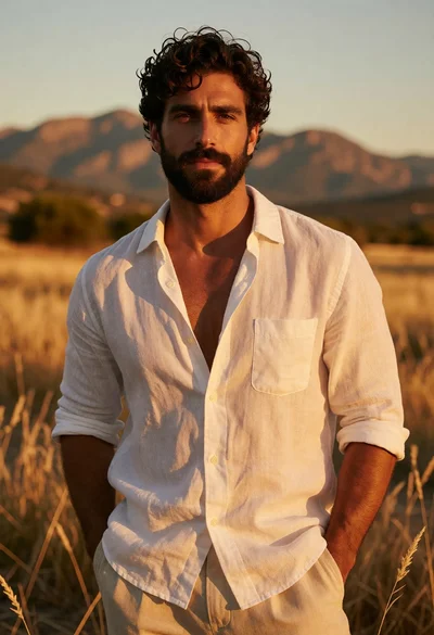 Man in white linen shirt standing in golden field at sunset with