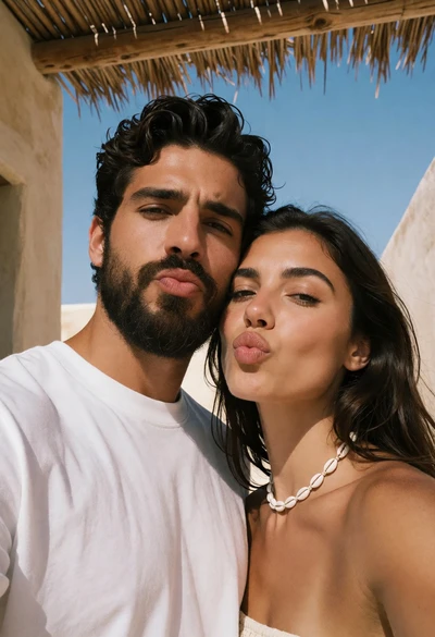 Couple selfie outdoors under thatched roof structure bright natural sunlight