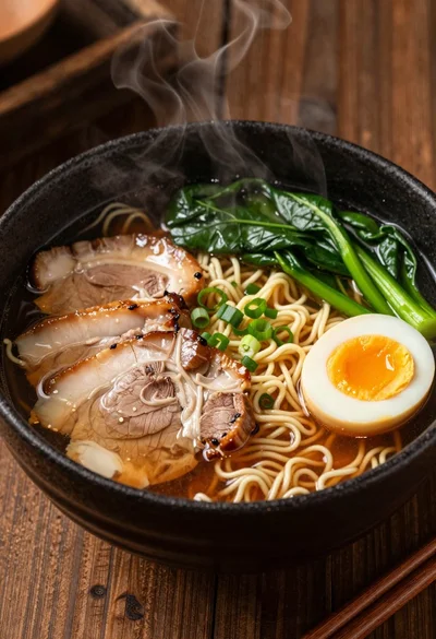 Close up macro shot of ramen bowl on dark wood table