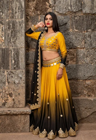 Indian woman in yellow and black lehenga standing against stone wall