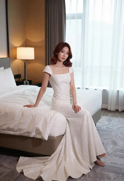 Woman in shimmering gown sitting on modern hotel bed by window