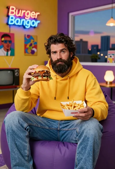Bearded man in yellow hoodie holding burger and fries in retro room