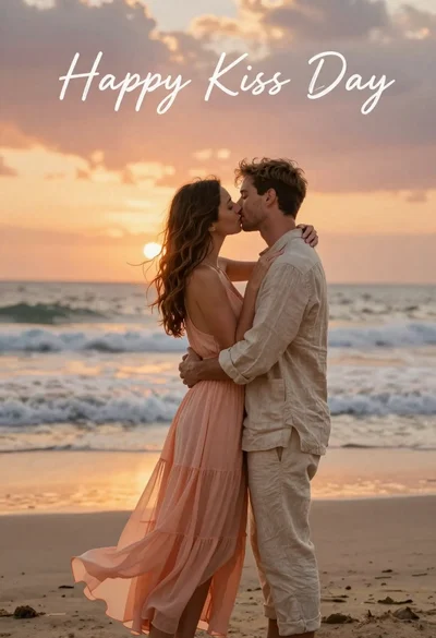 Romantic couple embracing on beach at sunset golden hour