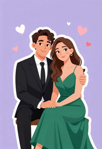 Cartoon illustration of a couple in formal wear against purple background
