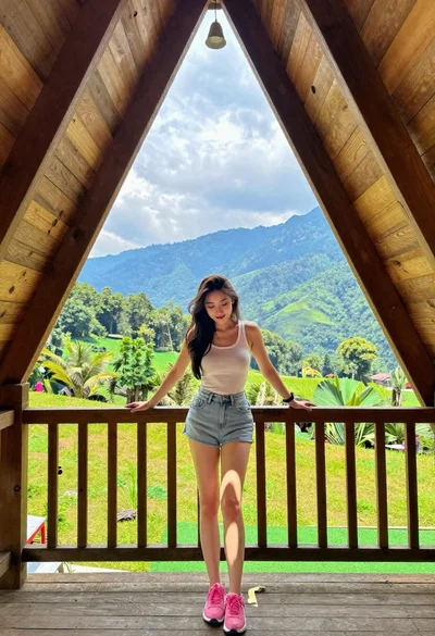Young woman smiling on wooden balcony overlooking lush mountains