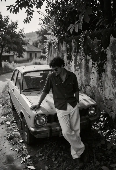 Young man leaning on vintage hatchback by mossy stone wall in rural