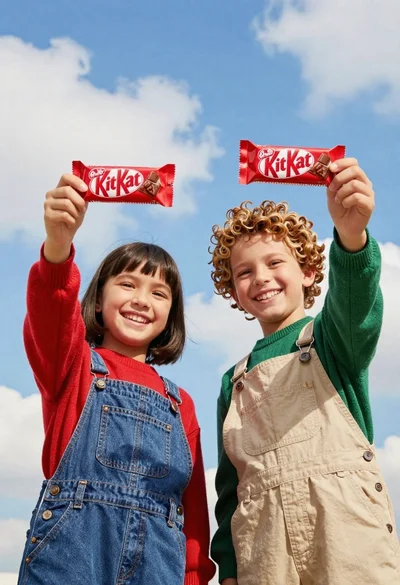 Two smiling children holding red kitkat bars against a blue sky
