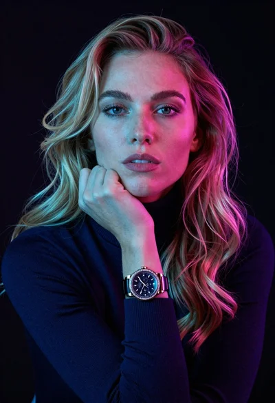 Closeup portrait of woman with blonde hair in navy turtleneck against black