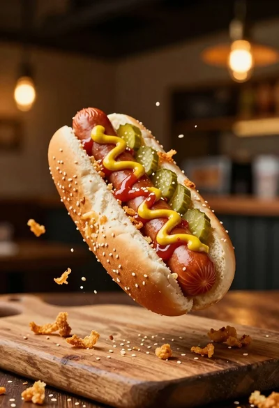 Hot dog suspended in mid air with crispy fried onions exploding around