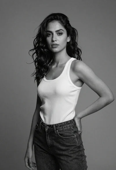 Young woman in tank top and jeans posing in a gray studio