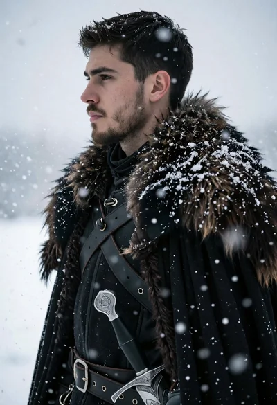 Profile portrait of man in dark coat against snowy winter backdrop