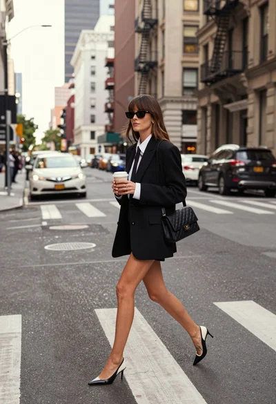 Confident woman walking on urban street in black blazer and heels