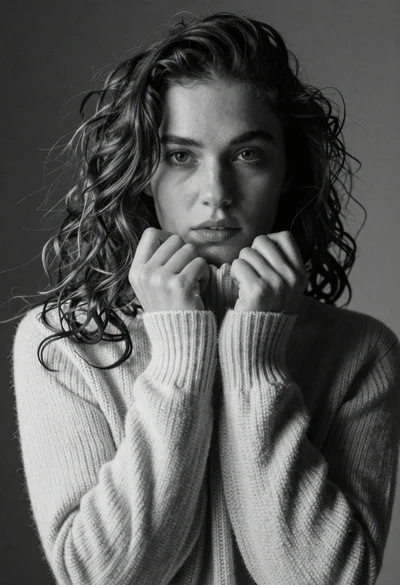 Black and white portrait of woman with wavy hair