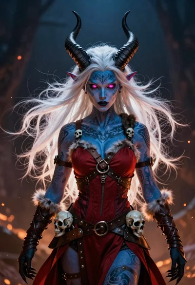 Fantasy portrait of blue skinned demon woman with white hair