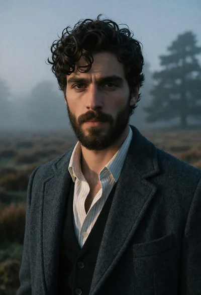 Serious young man in charcoal coat standing in a misty open field