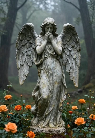 Stone angel statue in a misty rainy forest with roses