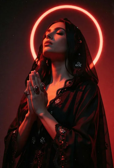 Woman in black hooded robe praying under glowing red halo dramatic portrait