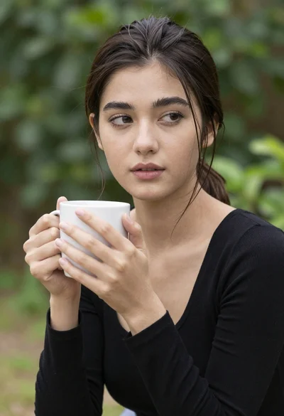 Close up portrait of young woman with dark hair holding white mug
