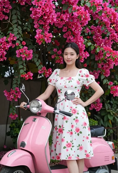 Young woman in floral white dress standing by pink vintage scooter