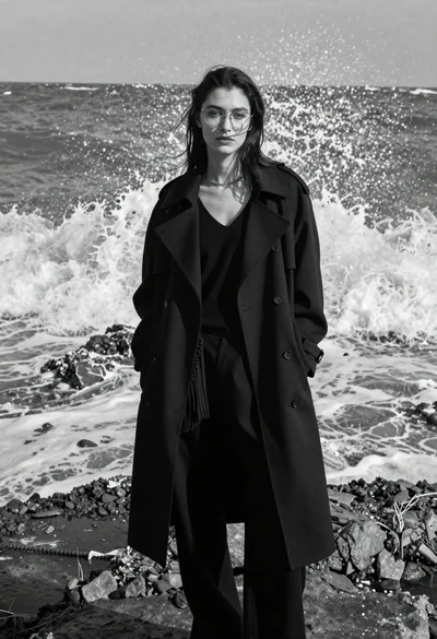 Woman in black coat on rocky shore with crashing waves