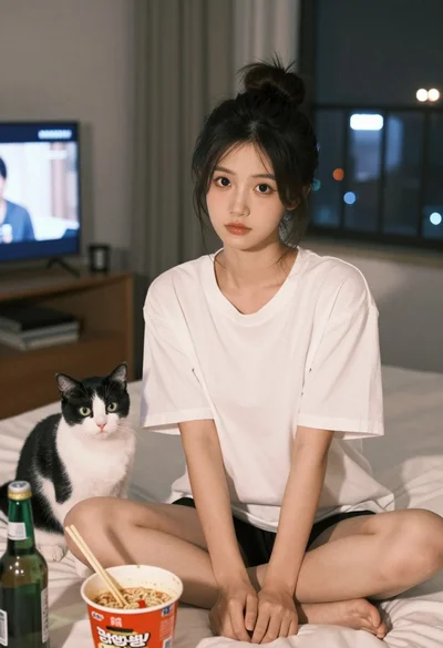 Young east asian woman on bed with cat and noodles at night