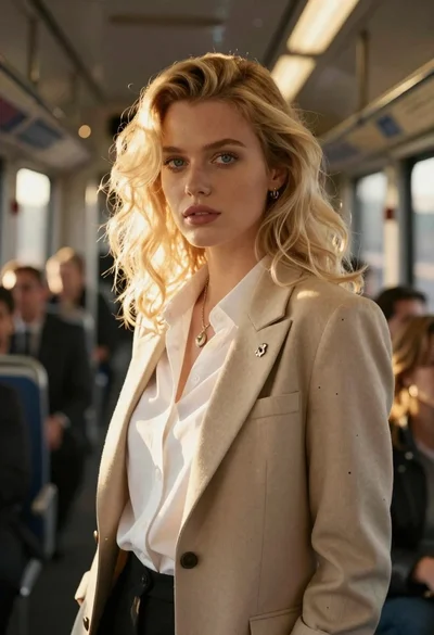 Blonde woman in blazer inside subway car at golden hour