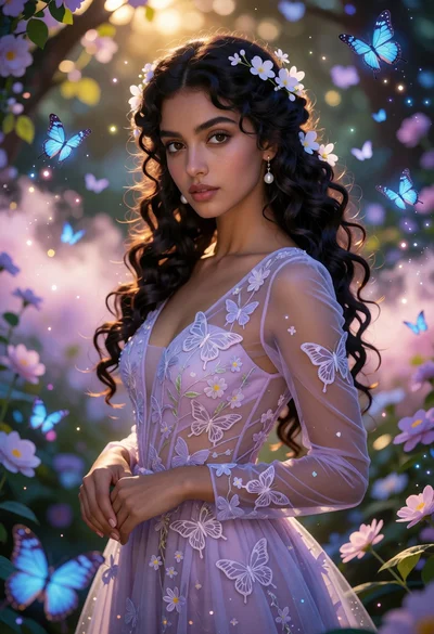 Woman in lavender gown surrounded by glowing butterflies in misty forest