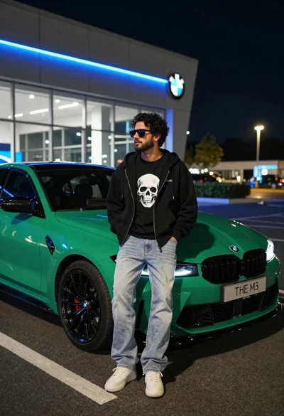 Young man in black hoodie leaning against green bmw m3 sedan at