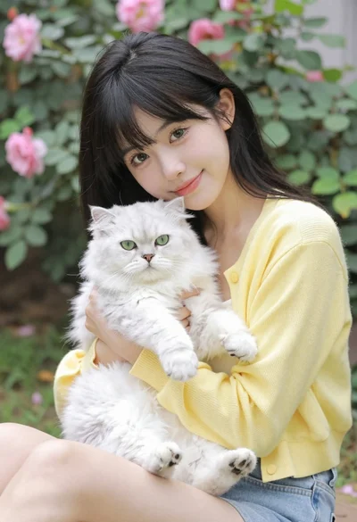 Young woman with black hair holding fluffy white cat in garden