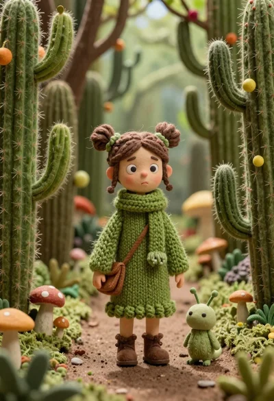Girl in green robes with mushroom creature in fuzzy forest