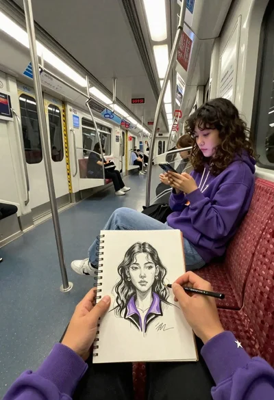 First person view of artist sketching woman on a subway train