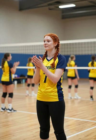 Young woman with red braided hair on indoor volleyball court wearing team