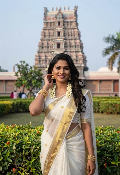 Smiling indian woman in traditional white saree standing before an ornate temple