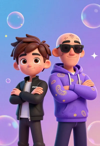 Two stylized animated male characters standing side by side against colorful gradient