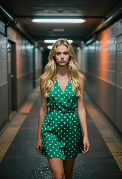 Young blonde woman in green polka dot dress standing in subway tunnel