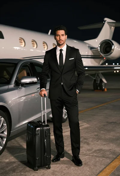 Handsome man in black suit on airport tarmac with luxury car and