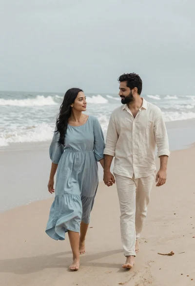 Romantic couple holding hands while walking on a beach at sunset