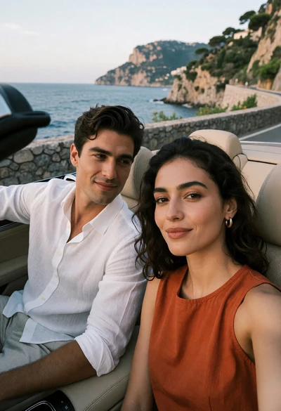 Couple selfie in convertible car overlooking blue sea on coastal cliffside