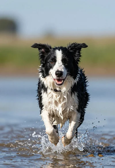 Wet black and white border collie running through splashing water close up