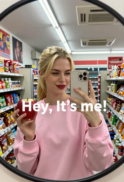Fair skinned blonde woman taking a mirror selfie with apple and phone