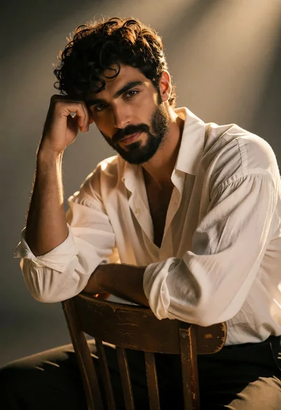 Handsome man with dark curly hair seated in a studio with golden