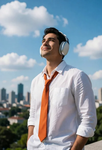 Man in white shirt looking up at blue sky over blurred city