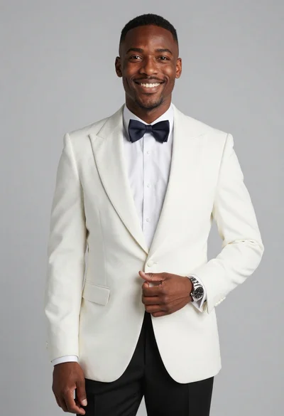 Studio portrait of smiling black man in white tuxedo